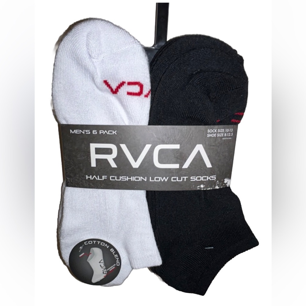 RVCA Low Cut Socks 6 Pair Men's 8-12.5 Black White w Red Toe Logo Cushion Skate